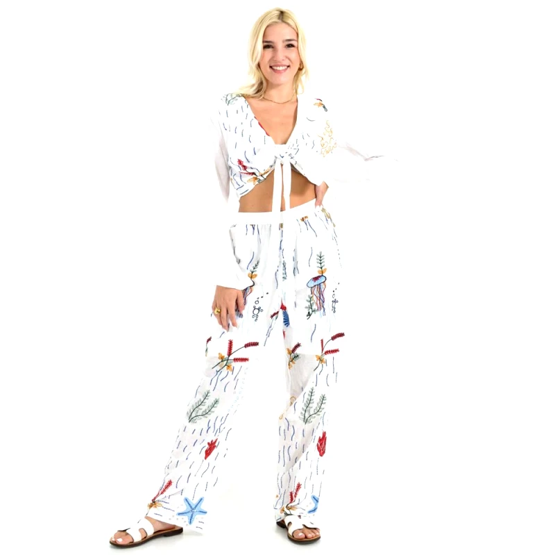 Potre OR Σετ Παντελόνα & Crop Top με Θαλάσσιο Κεντητό Μοτίβο Κόκκινο 26630