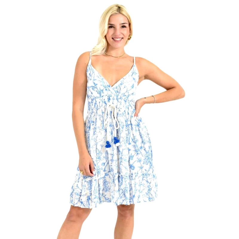 Potre OR Κοντό Καλοκαιρινό Φόρεμα με Τιράντες & Floral Σχέδιο Μπλε 26683