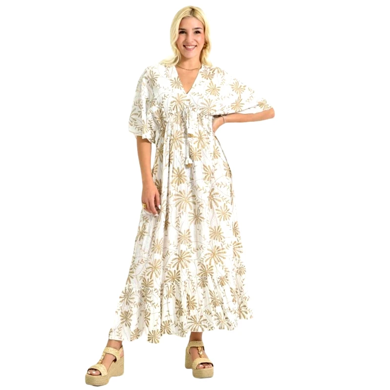 Potre OR Μάξι Φόρεμα με Χρυσαφί Σχέδιο & Λάστιχο Εκρού 26733