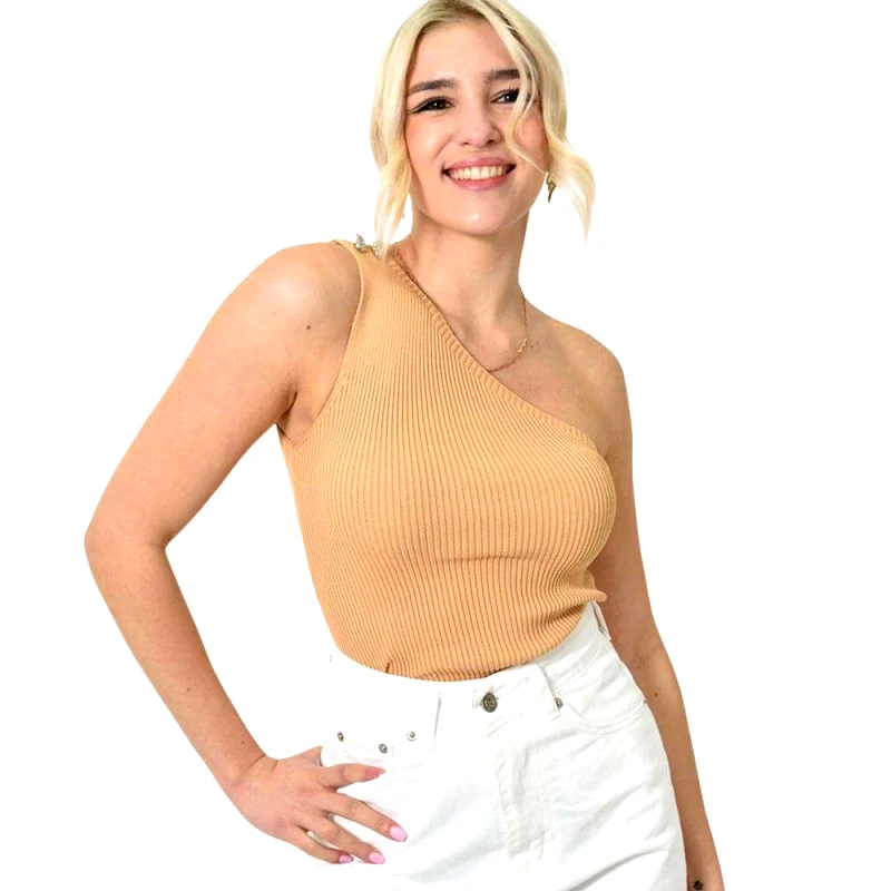 Potre OR Γυναικείο τοπ με έναν ώμο και κουμπιά Μπεζ 23335