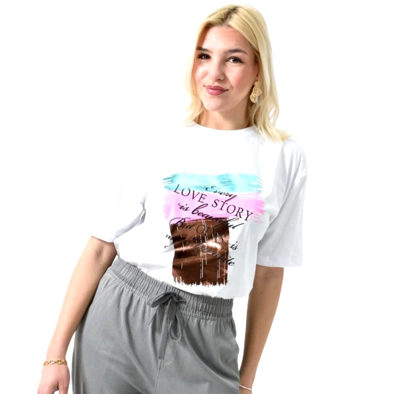Potre OR Γυναικείο T-shirt με μεταλιζέ σχέδιο Λευκό 26429