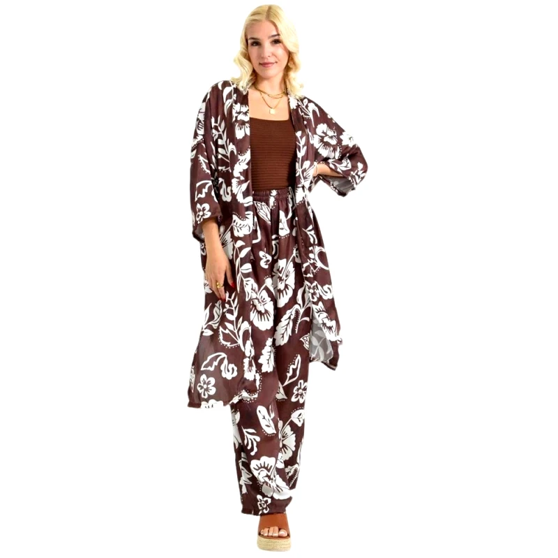 First Woman Σετ μακρύ κιμονό με παντελόνα Καφέ 26549