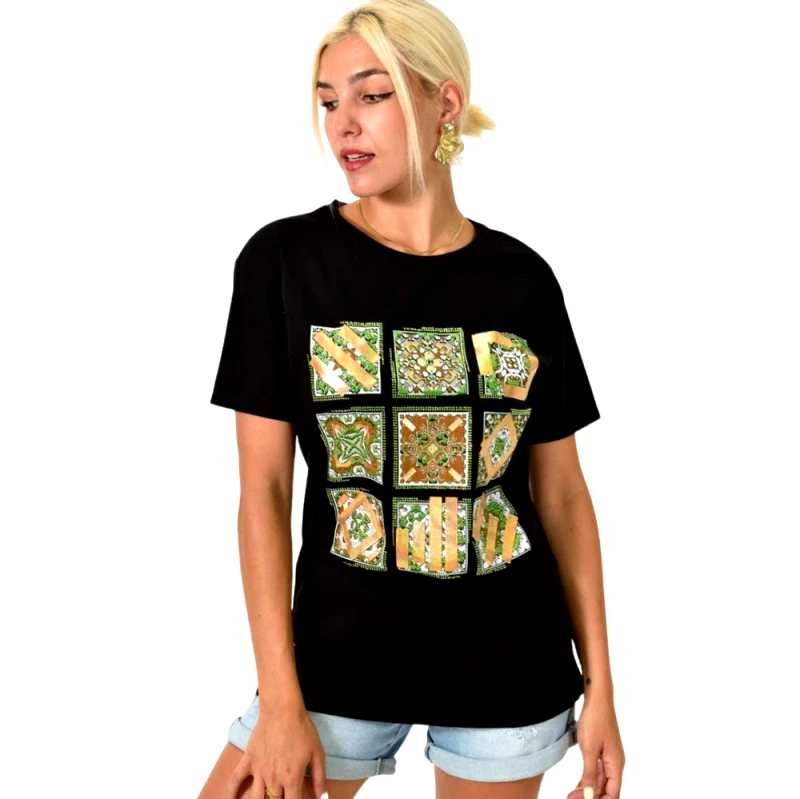 Potre OR Γυναικείο T-shirt με τύπωμα και στρας Μαύρο 25513