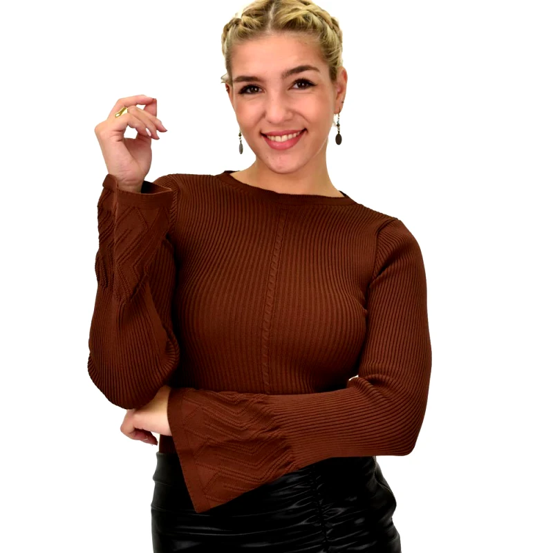 Potre OR Γυναικείο πλεκτό τοπ με σχέδιο στα μανίκια Καφέ 22053