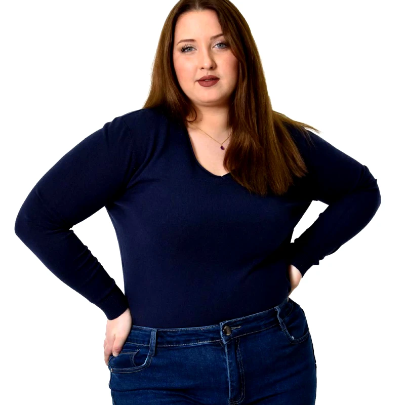 Potre OR Πλεκτή μπλούζα ζέρσεϊ με V λαιμόκοψη για μεγάλα μεγέθη Μπλε Σκούρο 22784