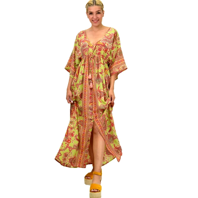 Potre OR Γυναικείο μεταξωτό boho φόρεμα με κρόσια Πράσινο 21174