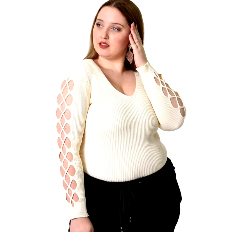 Potre OR Γυναικείο Plus τοπ με διάτρητο μανίκι Εκρού 21935