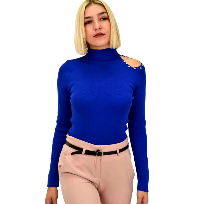 Potre OR Γυναικείο πλεκτό τοπ με άνοιγμα στον ώμο με στρας Μπλε Ρουά 22003