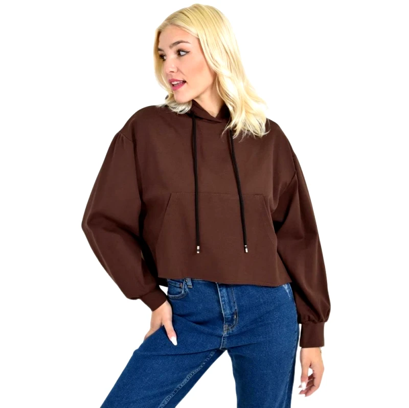 Potre OR Γυναικείο Cropped Hoodie με Μαύρα Κορδόνια Και Τσέπες Καφέ 27090
