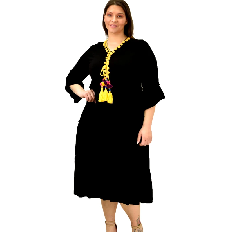 Potre OR Γυναικείο φόρεμα με πον - πον για μεγάλα μεγέθη Κίτρινο 10738