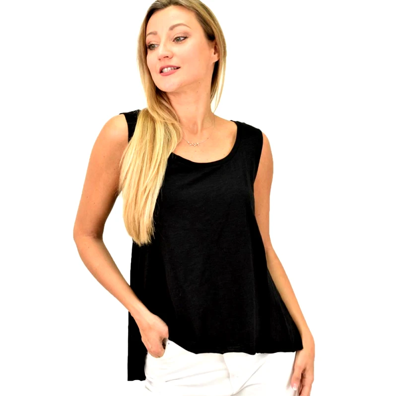 First Woman Γυναικεία μπλούζα αμάνικη ασύμμετρη με στρογγυλή λαιμόκοψη Μαύρο 10705