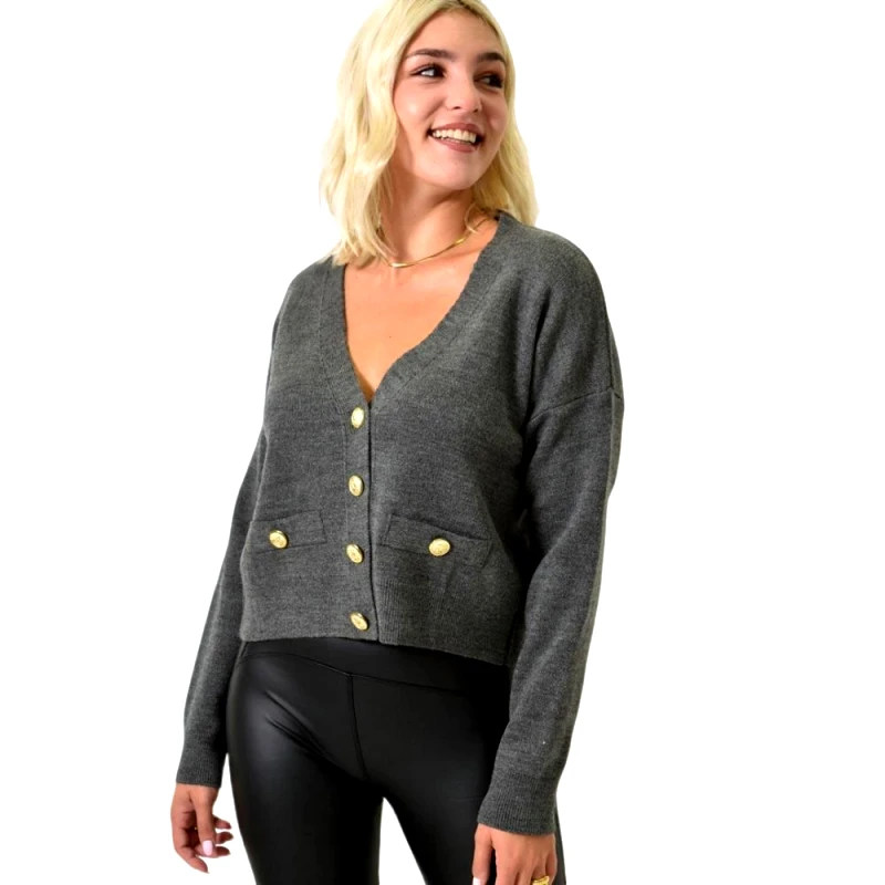 Potre OR Γυναικεία Ζακέτα με Χρυσά Κουμπιά Γκρι 25810