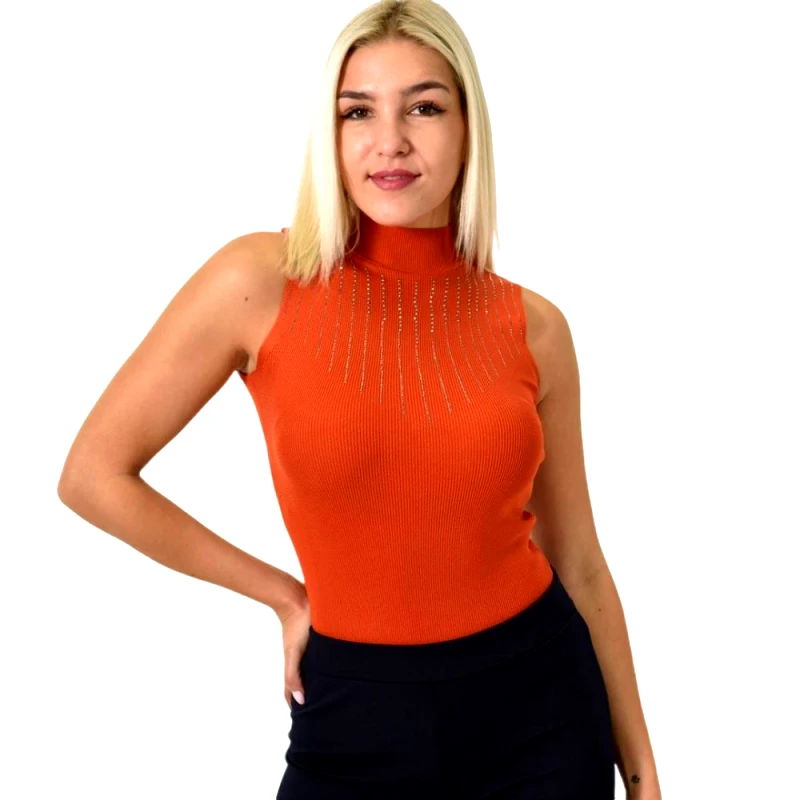 Potre OR Γυναικείο πλεκτό αμάνικο ζιβάγκο με στρας Κεραμιδί 25889