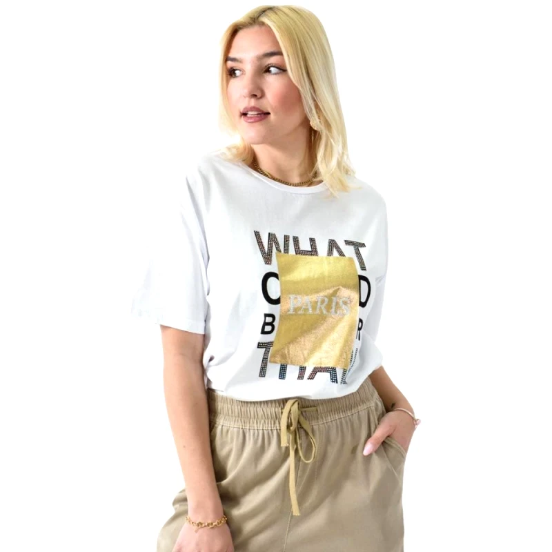 Potre OR Γυναικείο T-shirt με μεταλιζε πλαίσιο PARIS Λευκό 26419