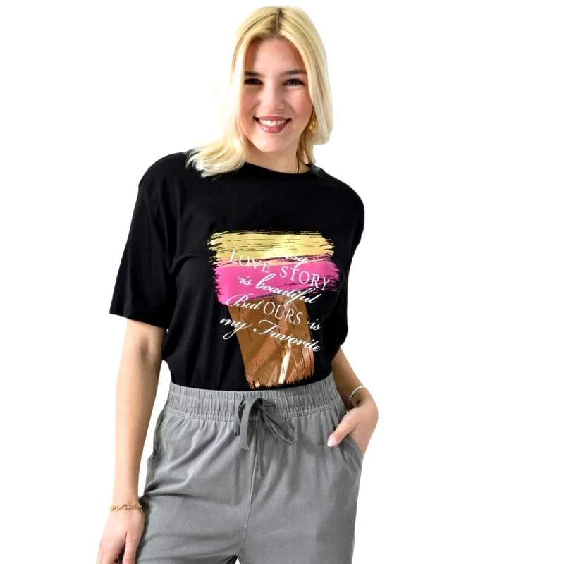Potre OR Γυναικείο T-shirt με μεταλιζέ σχέδιο Μαύρο 26430