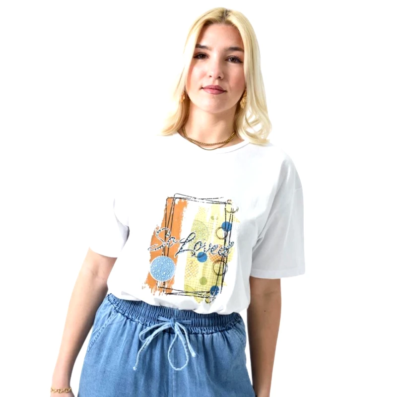Potre OR Γυναικείο T-shirt με στάμπα So Loved και Στρας Λευκό 26432