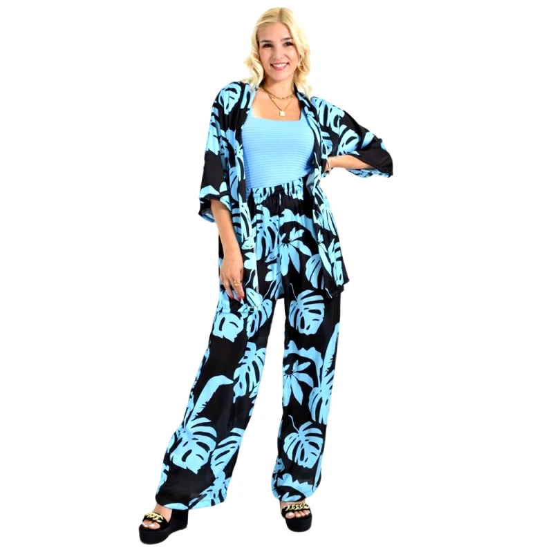 First Woman Σετ κοντό κιμονό με παντελόνα Μπλε 26527