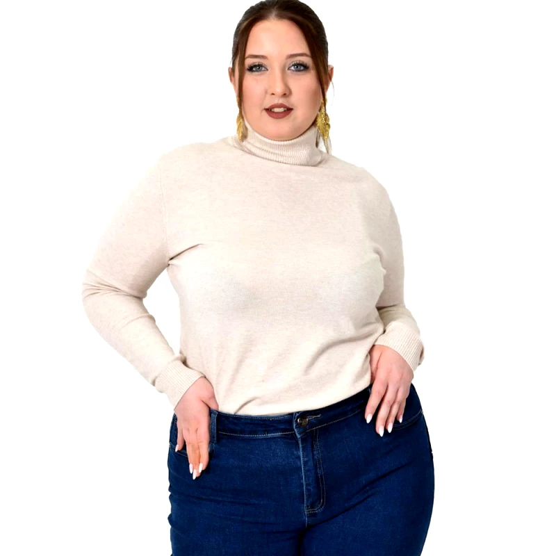 Potre OR Πλεκτή μπλούζα με ζιβάγκο για μεγάλα μεγέθη Μπεζ 22960