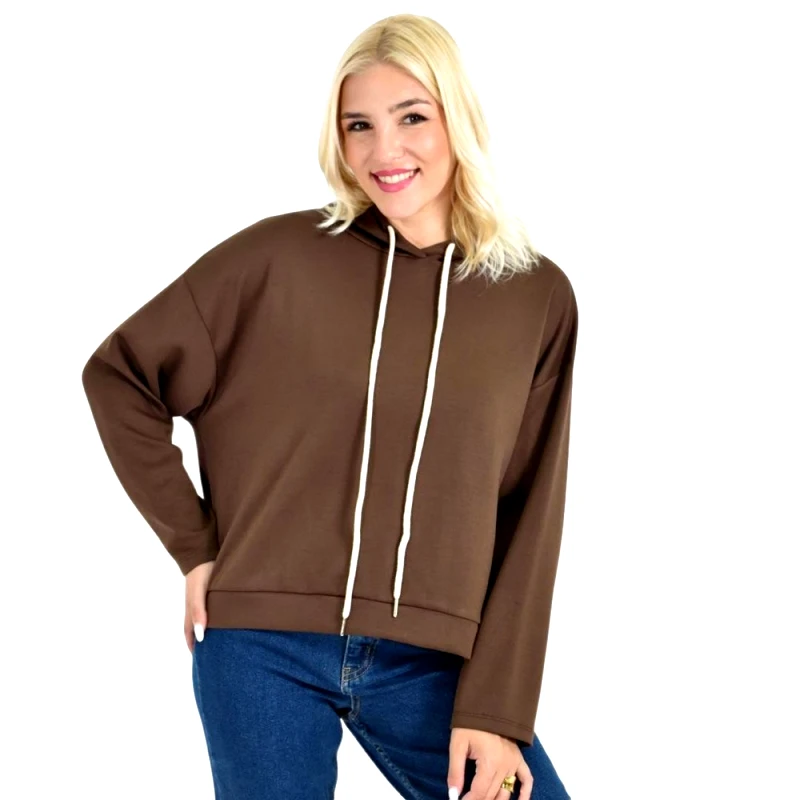 Potre OR Γυναικείο Cropped Hoodie με Μαύρα Κορδόνια Καφέ 27083