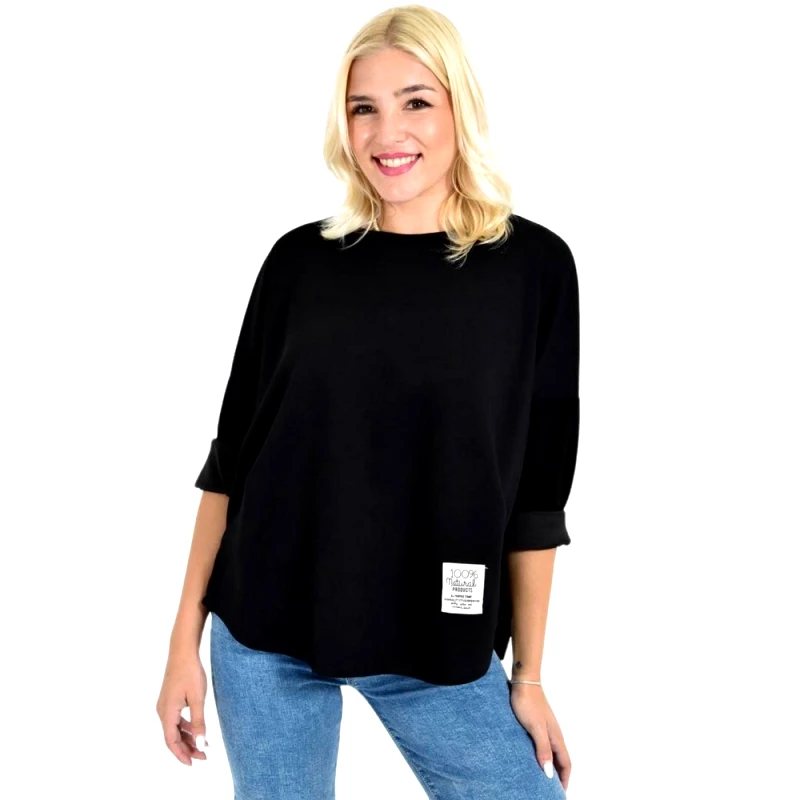 Potre OR Γυναικεία Μπεζ Oversized Φούτερ Μπλούζα με Διακοσμητική Ετικέτα Μαύρο 27108