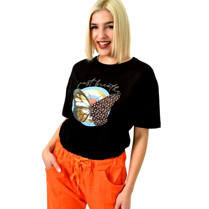 Potre OR Γυναικείο T-shirt με σχέδιο Just breath Μαύρο 23174