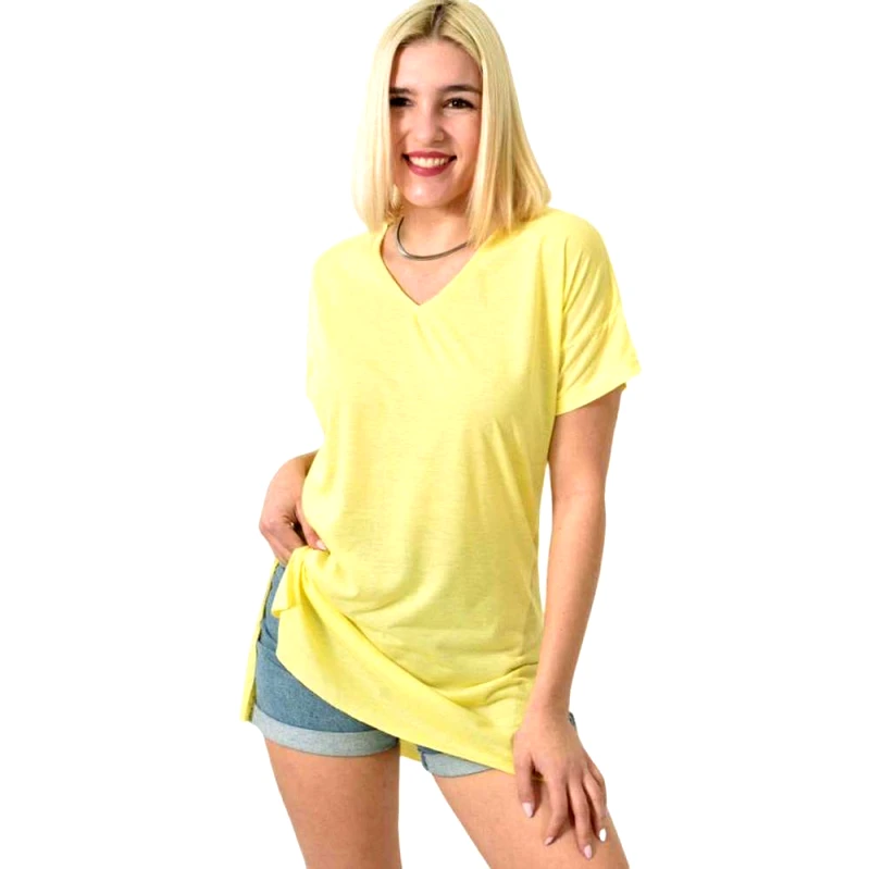 First Woman Μπλούζα μονόχρωμη με V λαιμόκοψη και ανοίγματα Κίτρινο 23546