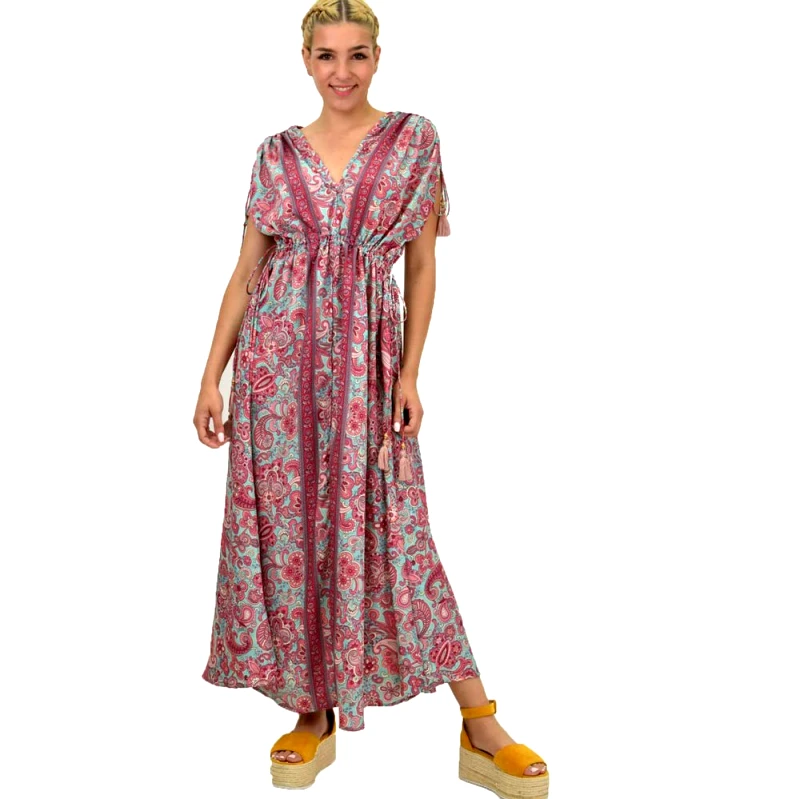 Potre OR Γυναικείο μεταξωτό boho φόρεμα με κρόσια Μπλε 21194
