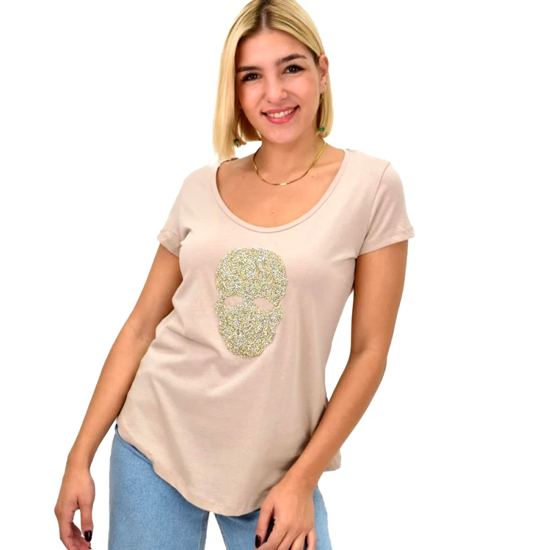 Potre OR Γυναικεία μπλούζα με σχέδιο και στρας Μπεζ 22258