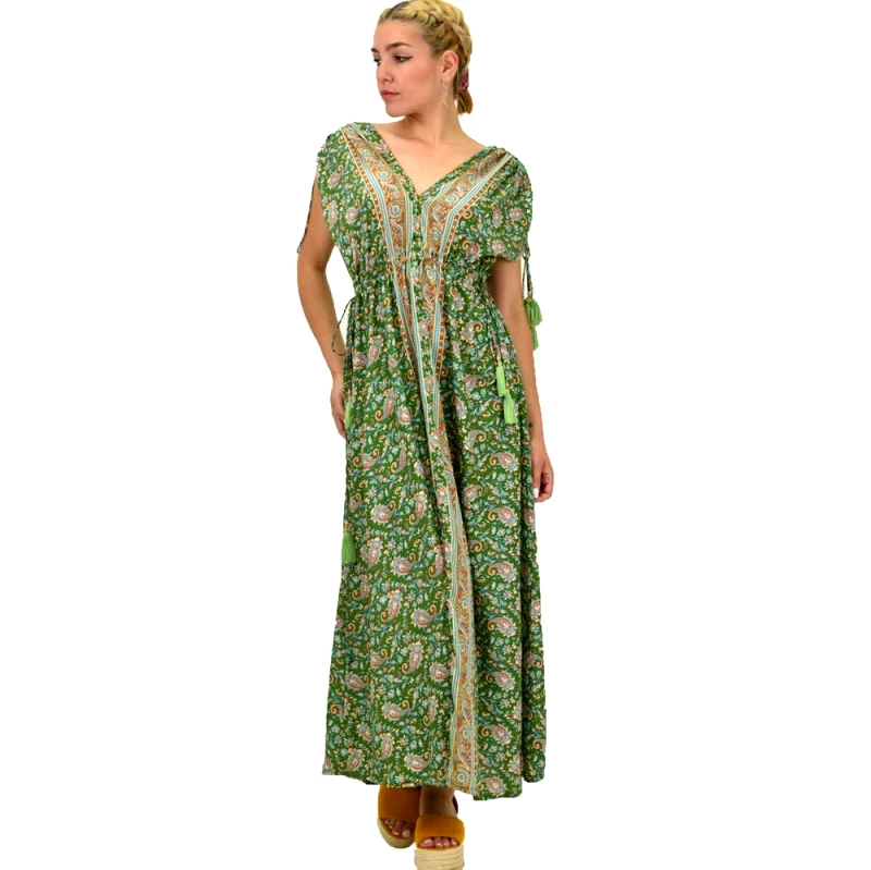 Potre OR Γυναικείο μεταξωτό boho φόρεμα με κρόσια Πράσινο 21190