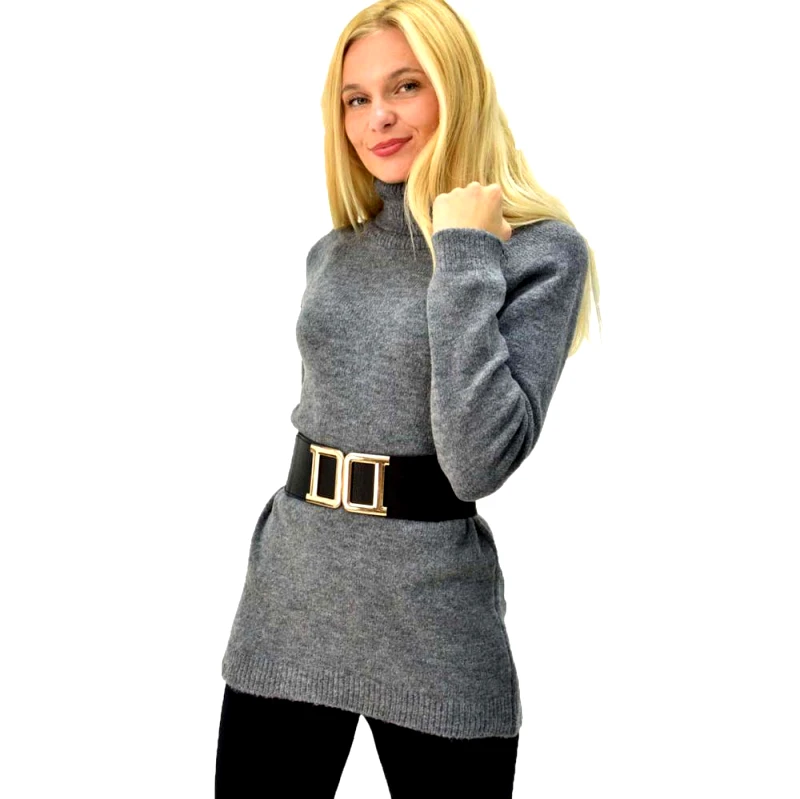 First Woman Πλεκτή μπλούζα με γυριστό γιακά Ανθρακί 3832