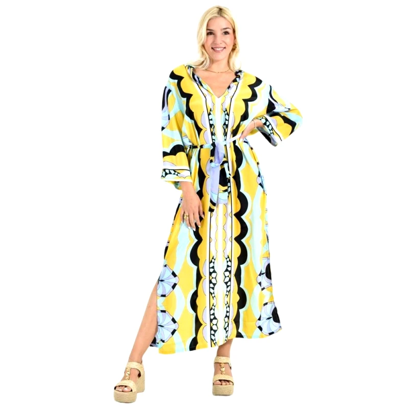 Potre OR Καφτάνι Μάξι με Ρετρό Print & Ζώνη Κίτρινο 26721