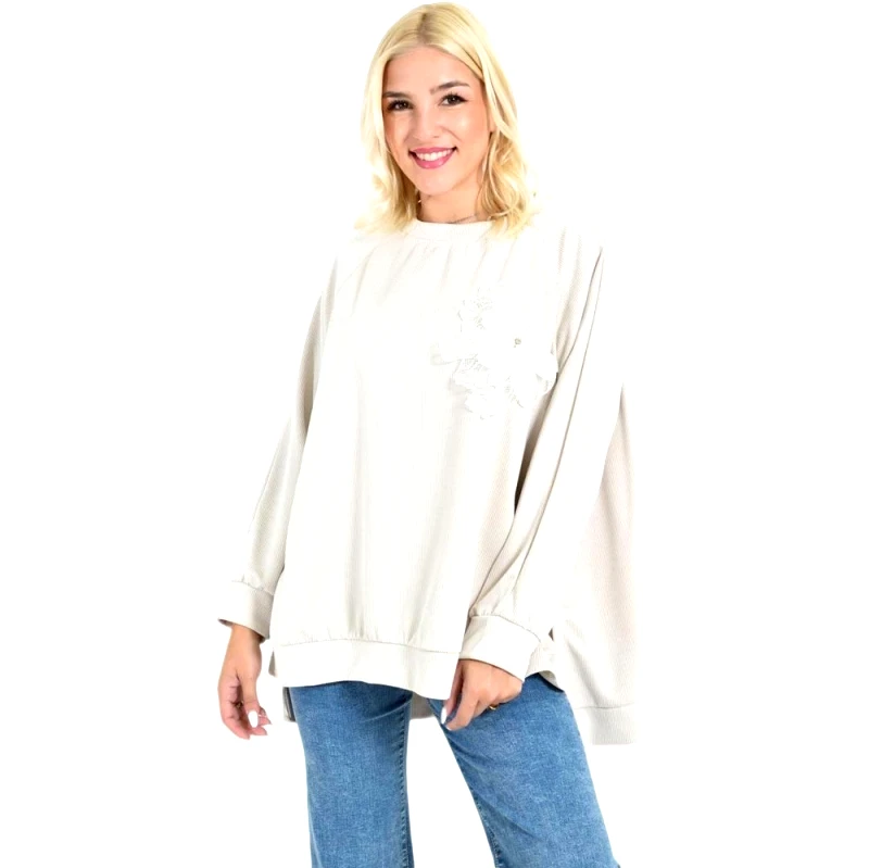 Potre OR Γυναικεία Oversized Μπλούζα με 3D Λουλούδι Μπεζ 27054