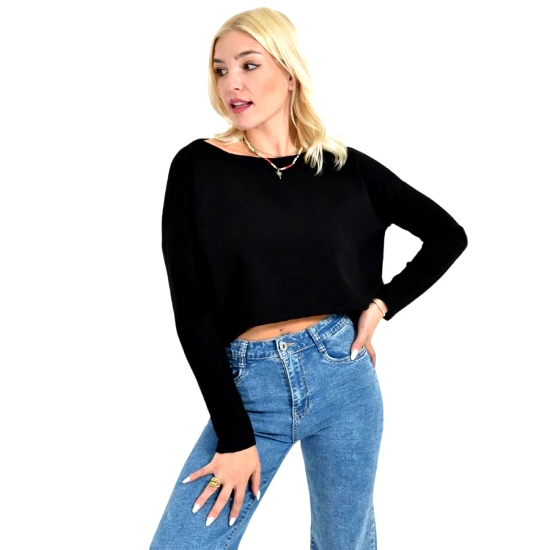 Potre OR Γυναικείο Cropped Μπλουζάκι με Μακριά Μανίκια Μαύρο 27114