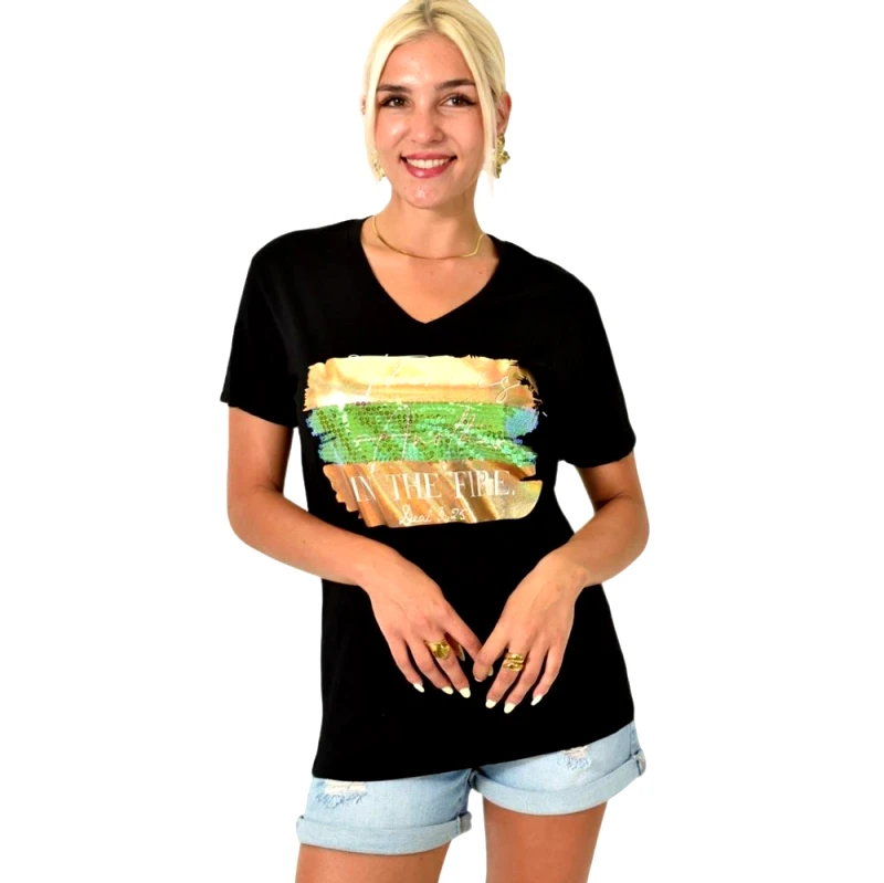 Potre OR Γυναικείο T-shirt με τύπωμα και στρας Μαύρο 25502