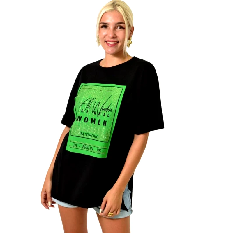 Potre OR Γυναικείο T-shirt με τύπωμα και στρας Μαύρο 25509