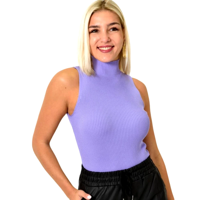 Potre OR Γυναικείο ριπ τοπ με όρθιο γιακά αμάνικο Λιλά 25865
