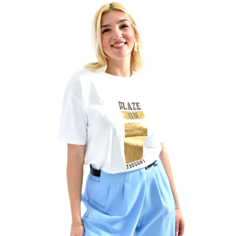 Potre OR Γυναικείο T-shirt με σχέδιο BLAZE με Στρας & Πέρλες Λευκό 26421
