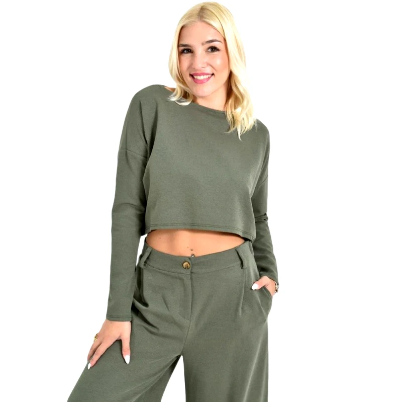 Potre OR Γυναικείο Cropped Μπλουζάκι με Μακριά Μανίκια Χακί 27116