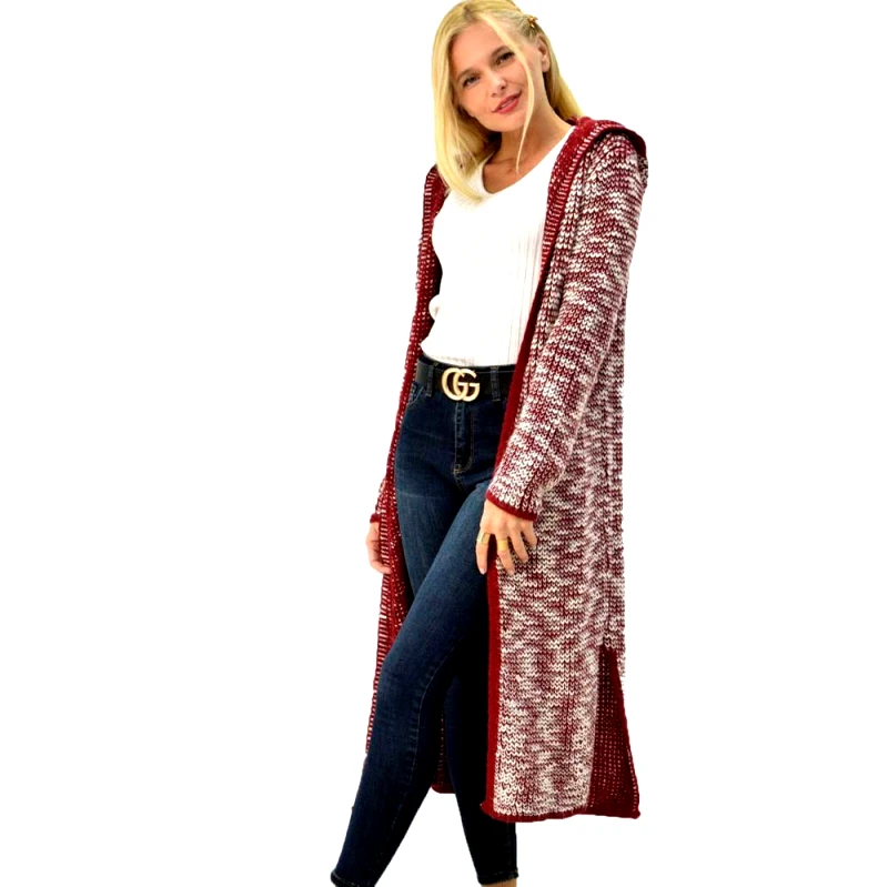 Caroon Μακριά πλεκτή ζακέτα με κουκούλα Μπορντώ 3819