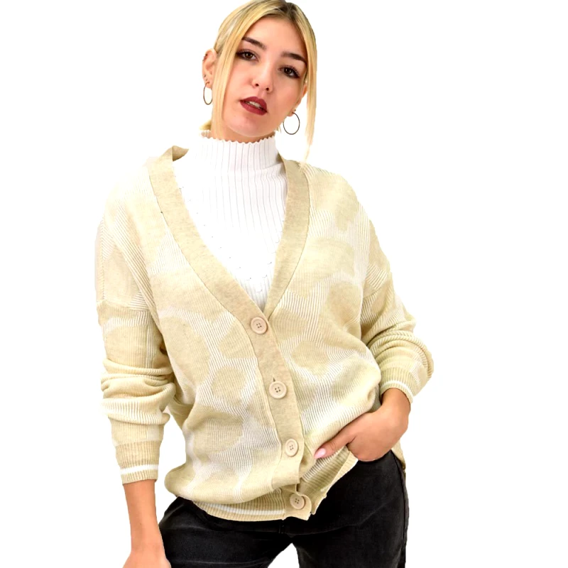 Potre OR Γυναικεία ζακέτα oversized με σχέδιο Εκρού 12698
