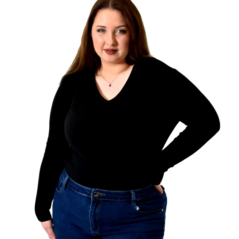 Potre OR Πλεκτή μπλούζα ζέρσεϊ με V λαιμόκοψη για μεγάλα μεγέθη Μαύρο 22775
