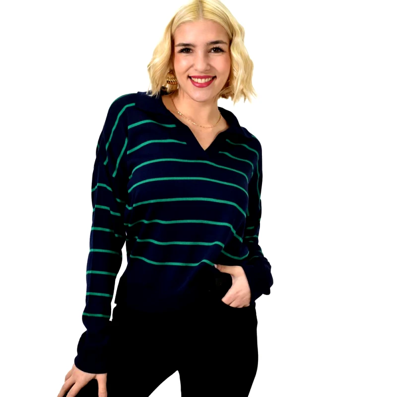 Potre OR Πλεκτή ριγέ μπλούζα πόλο Μπλε Σκούρο 23076