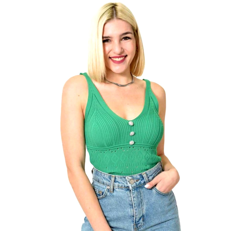 Potre OR Γυναικείο πλεκτό τοπ διάτρητο με στρας Πράσινο 23458