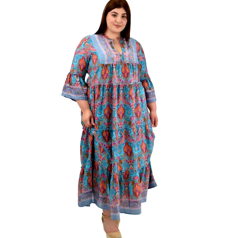 Potre OR Γυναικείο μεταξωτό boho φόρεμα με σχέδιο βολάν Μπλε 20041