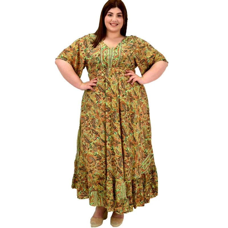 Potre OR Γυναικείο μεταξωτό boho φόρεμα oversized Λαχανί 20085