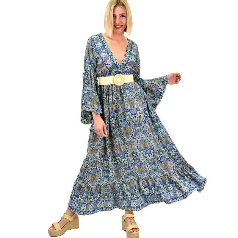 Potre OR Γυναικείο μεταξωτό boho φόρεμα με τσέπες χωρίς ζώνη Μπλε 19428