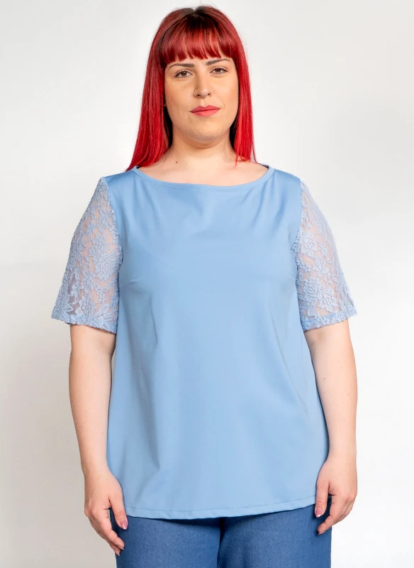 Maniags T-shirt Σιέλ με Μανίκι από Δαντέλα