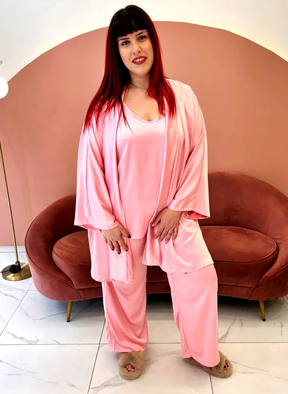 Maniags Baby Pink Σατέν Πιτζάμες Σετ με Κιμονό