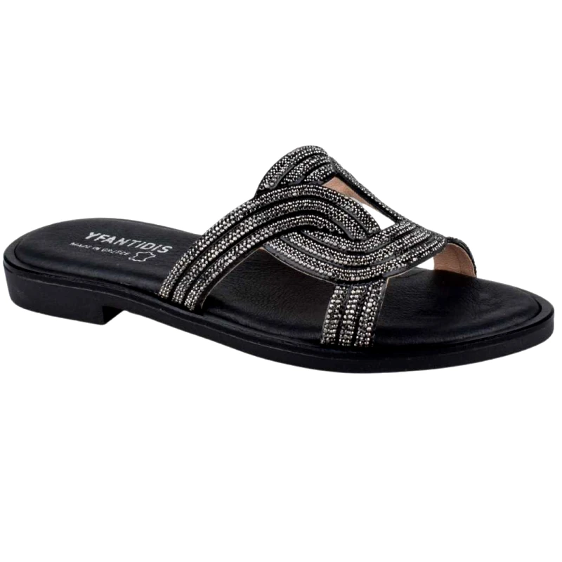 Υφαντίδης Γυναικεία Δερμάτινα Σανδάλια με Στρας | Υφαντίδης | 126104 | Μαύρο