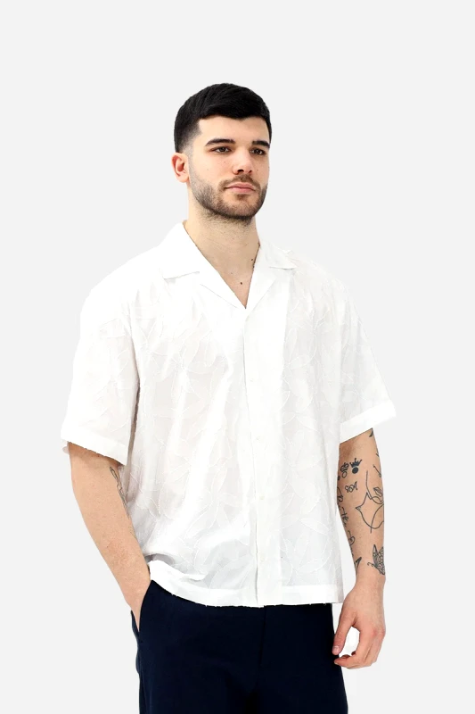 I'M BRIAN Ανδρικό Λευκό White Short Sleeve Shirt Featuring Leaf Design I'M BRIAN
